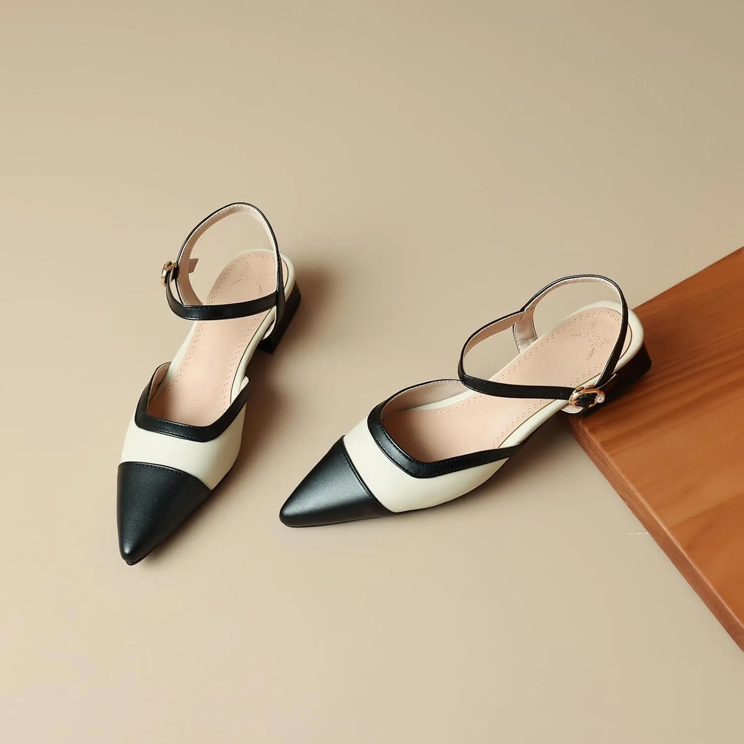 Cozivwaiy Vintage Shoes Two Tone Pumps Open Back Low Heels Dress Shoes Patchwork Pumps Cap Closed Toe Sandals Ankle Strap