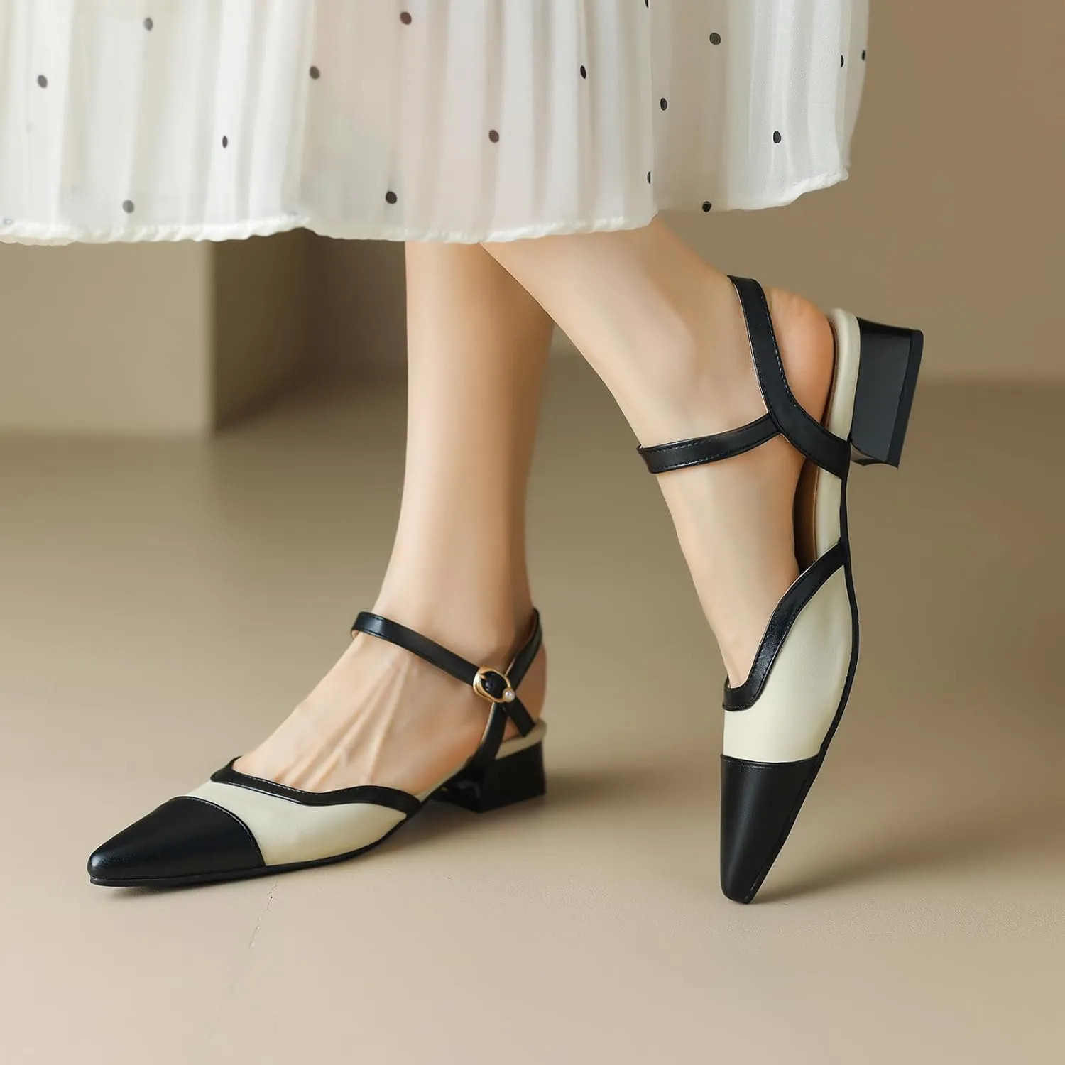 Cozivwaiy Vintage Shoes Two Tone Pumps Open Back Low Heels Dress Shoes Patchwork Pumps Cap Closed Toe Sandals Ankle Strap