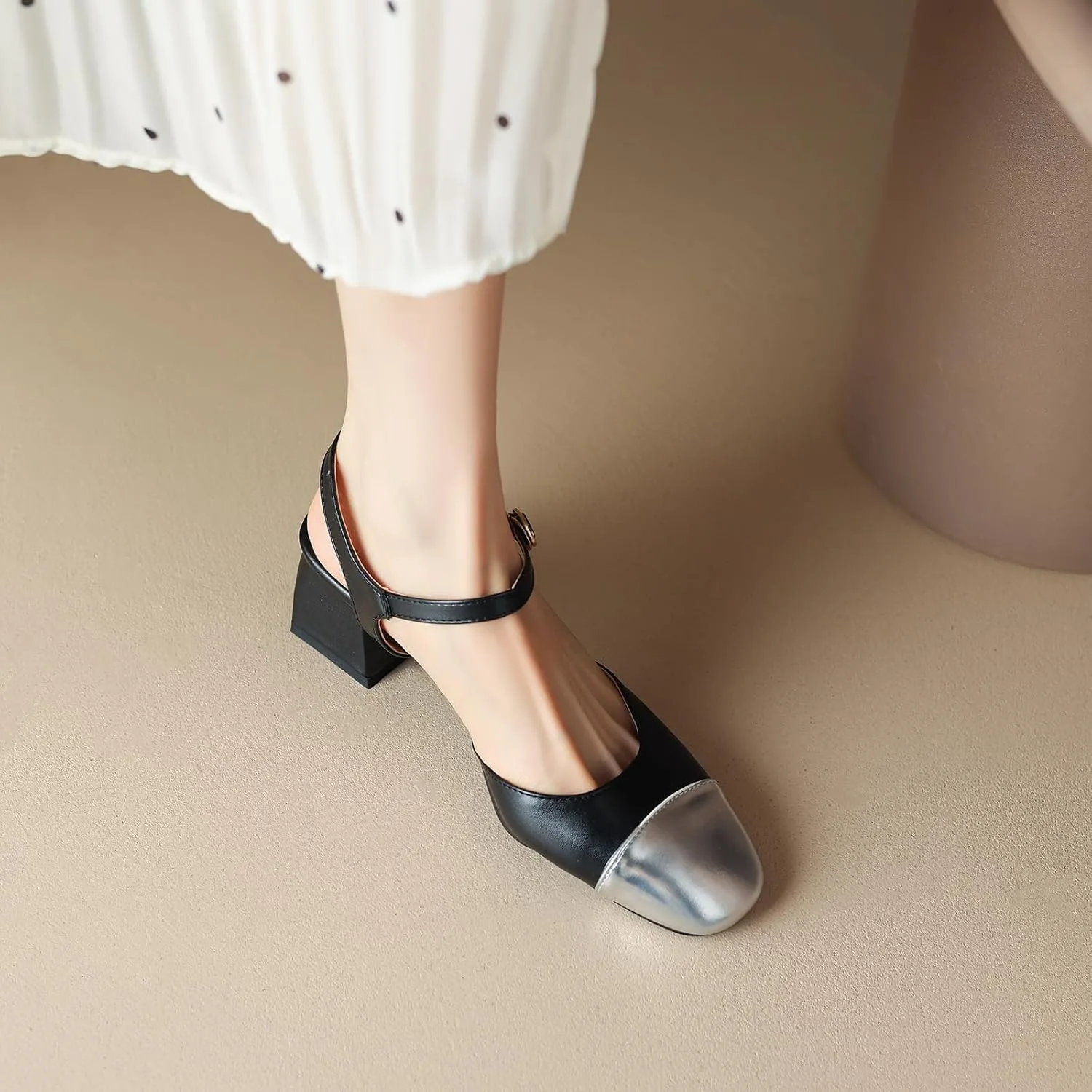 Cozivwaiy Vintage Shoes Two Tone Pumps Open Back Low Heels Dress Shoes Patchwork Pumps Cap Closed Toe Sandals Ankle Strap