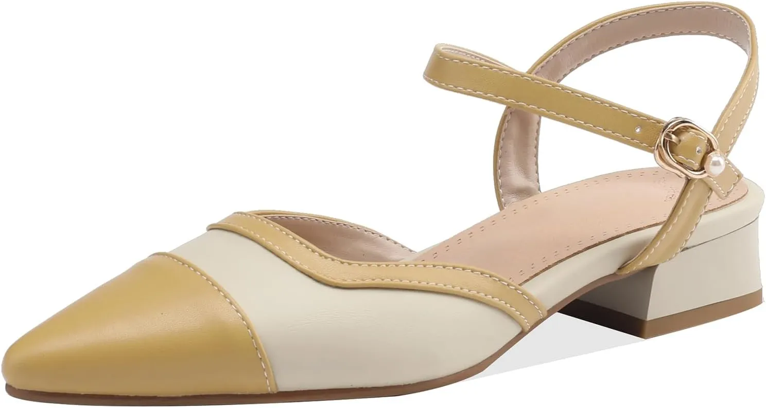 Cozivwaiy Vintage Shoes Two Tone Pumps Open Back Low Heels Dress Shoes Patchwork Pumps Cap Closed Toe Sandals Ankle Strap