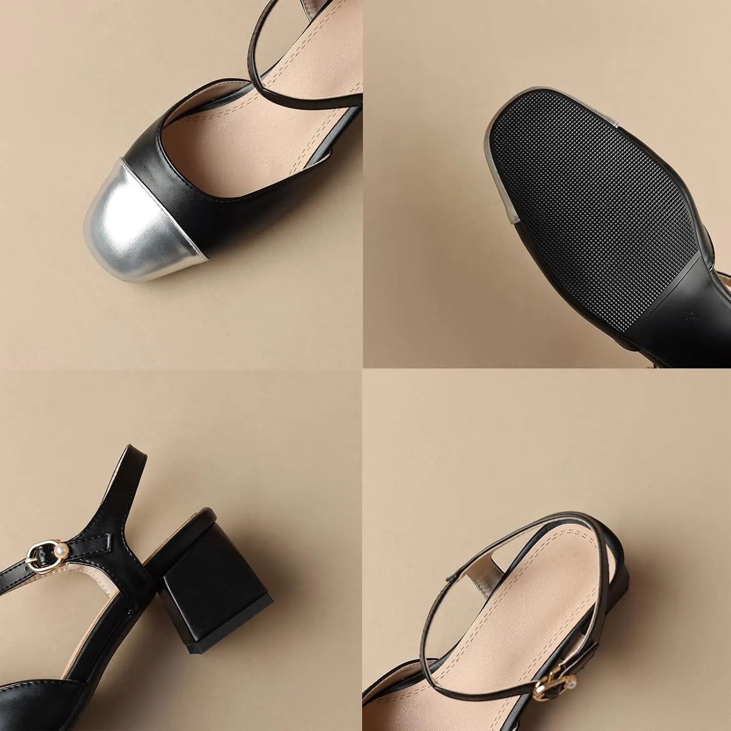 Cozivwaiy Vintage Shoes Two Tone Pumps Open Back Low Heels Dress Shoes Patchwork Pumps Cap Closed Toe Sandals Ankle Strap