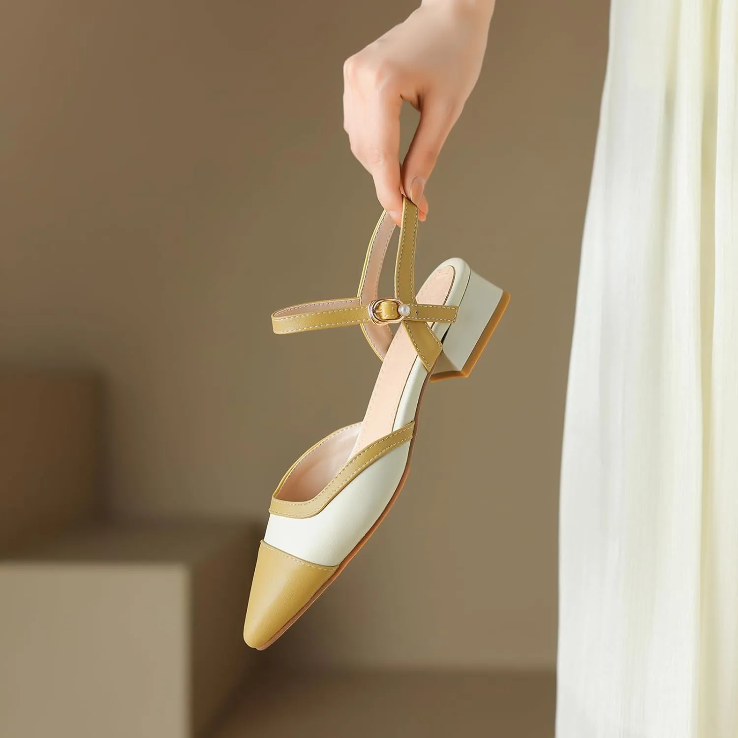 Cozivwaiy Vintage Shoes Two Tone Pumps Open Back Low Heels Dress Shoes Patchwork Pumps Cap Closed Toe Sandals Ankle Strap