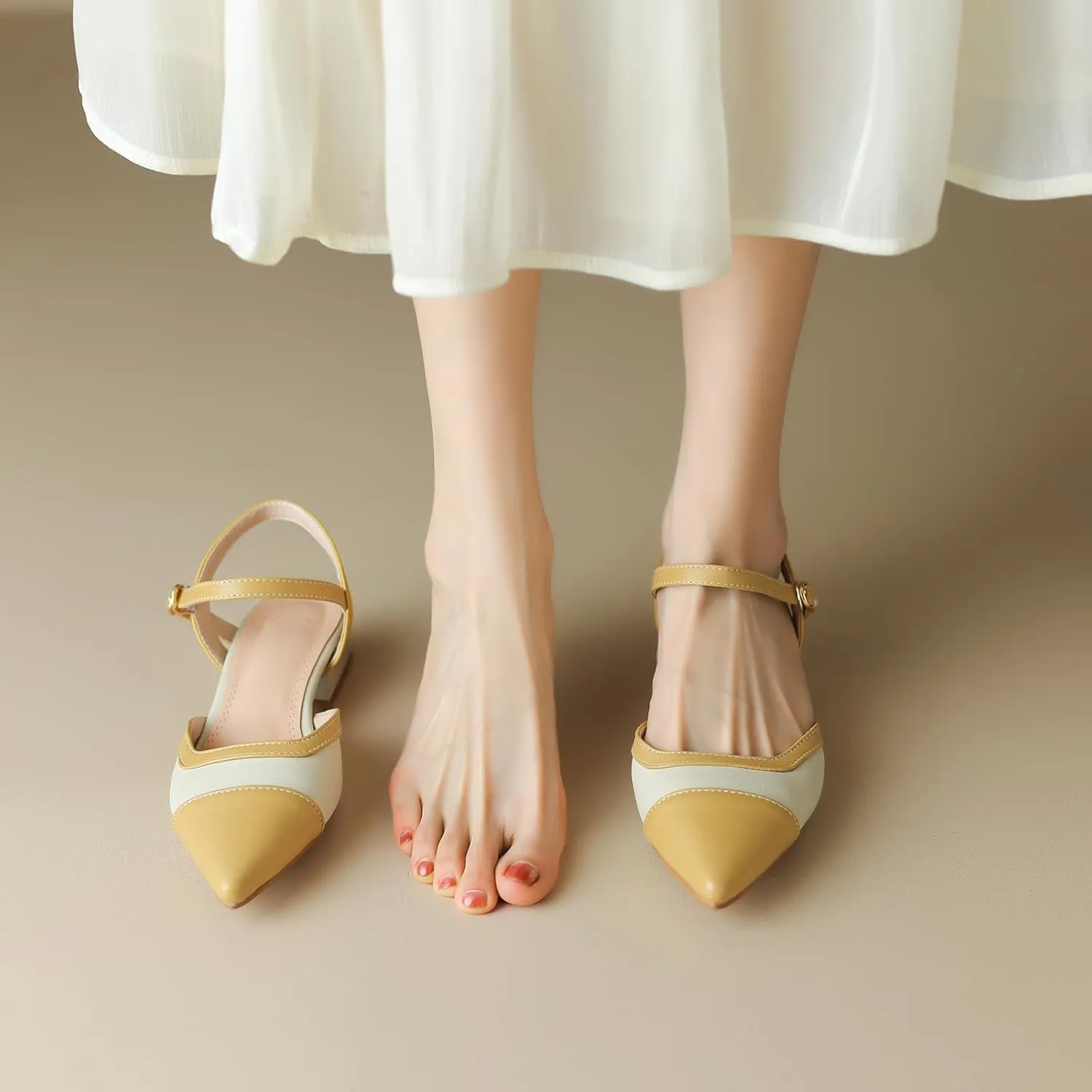 Cozivwaiy Vintage Shoes Two Tone Pumps Open Back Low Heels Dress Shoes Patchwork Pumps Cap Closed Toe Sandals Ankle Strap