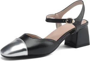 Cozivwaiy Vintage Shoes Two Tone Pumps Open Back Low Heels Dress Shoes Patchwork Pumps Cap Closed Toe Sandals Ankle Strap
