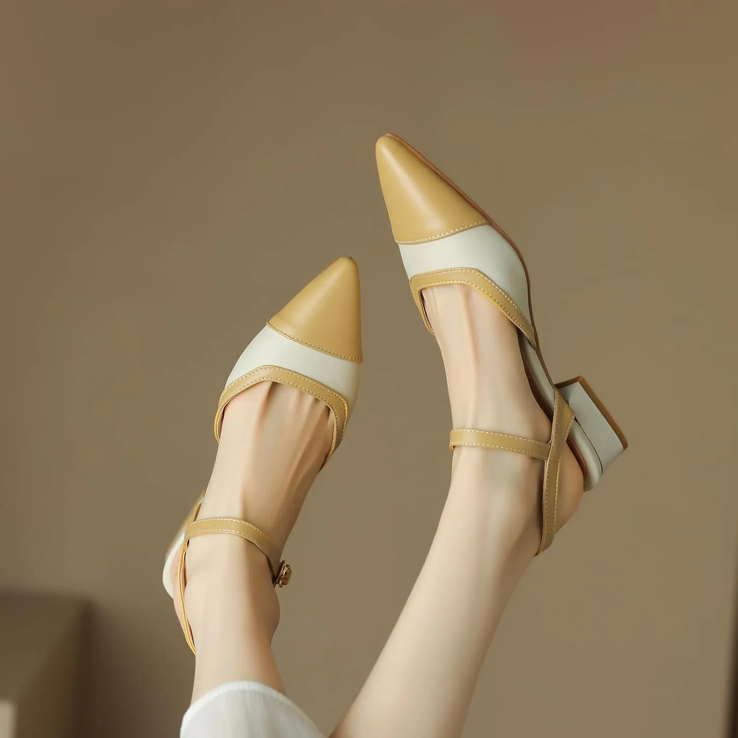 Cozivwaiy Vintage Shoes Two Tone Pumps Open Back Low Heels Dress Shoes Patchwork Pumps Cap Closed Toe Sandals Ankle Strap