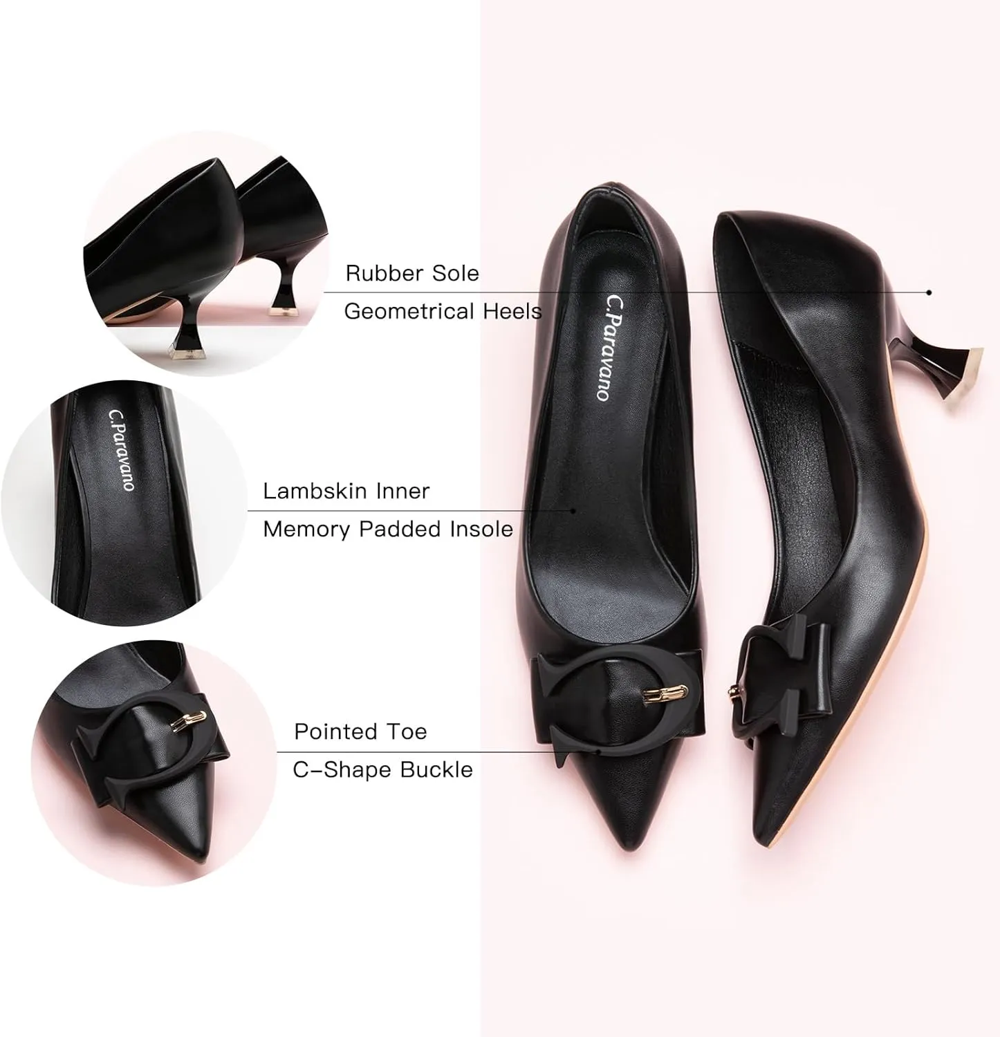 C.Paravano Women's Pumps | Low Heel Designer Shoes | Kitten Heels Womens Short Heels | Leather Pumps