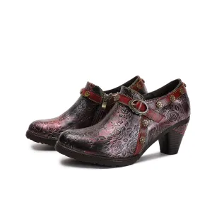 CrazycatZ Leather Pumps,Women  Vintage Block Heel Oxford Vintage Shoes Color Blocking Oxford Shoes Dark Red