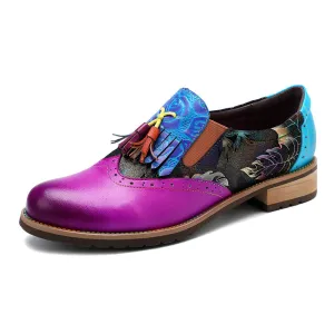 CrazycatZ Women's Leather Oxford Shoes Perforated Wingtip Colorful Leather Oxfords Vintage