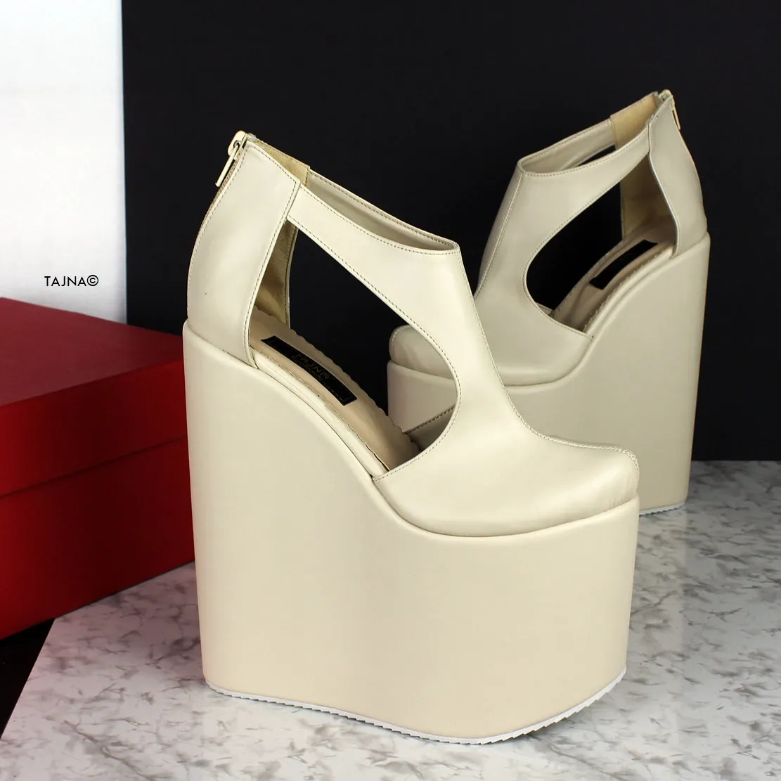 Cream Matte Open Sides High Heel Wedges