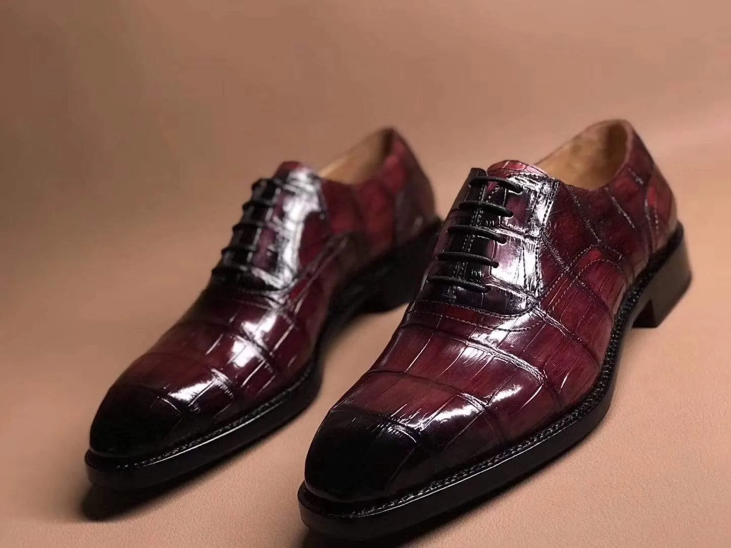 Crocodile Shoes Wine Red Crocodile Leather Lace Up Shoes