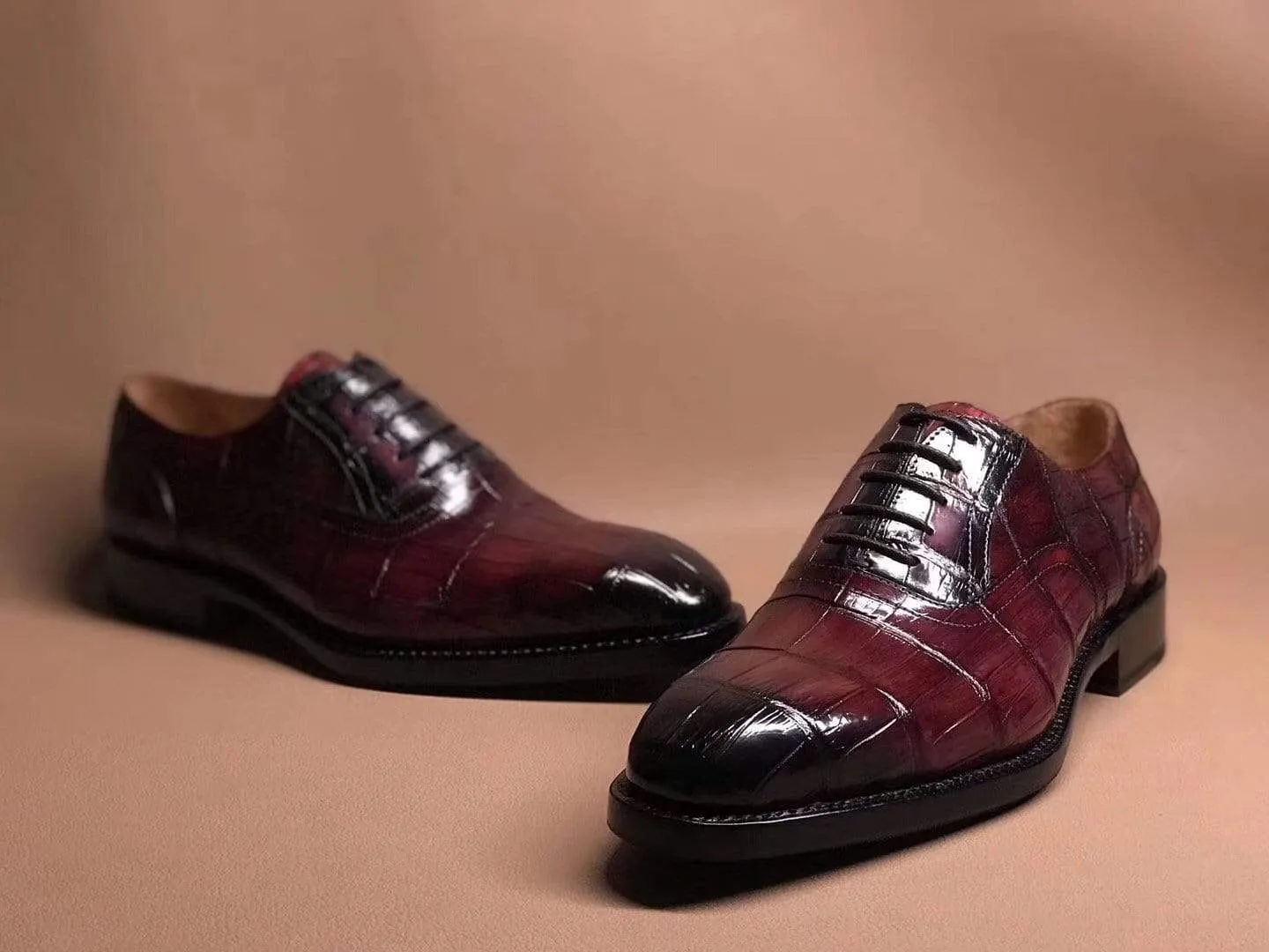 Crocodile Shoes Wine Red Crocodile Leather Lace Up Shoes