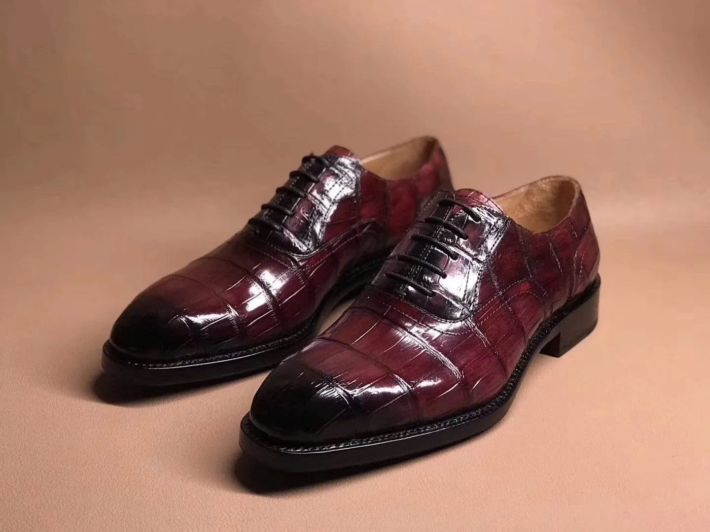 Crocodile Shoes Wine Red Crocodile Leather Lace Up Shoes