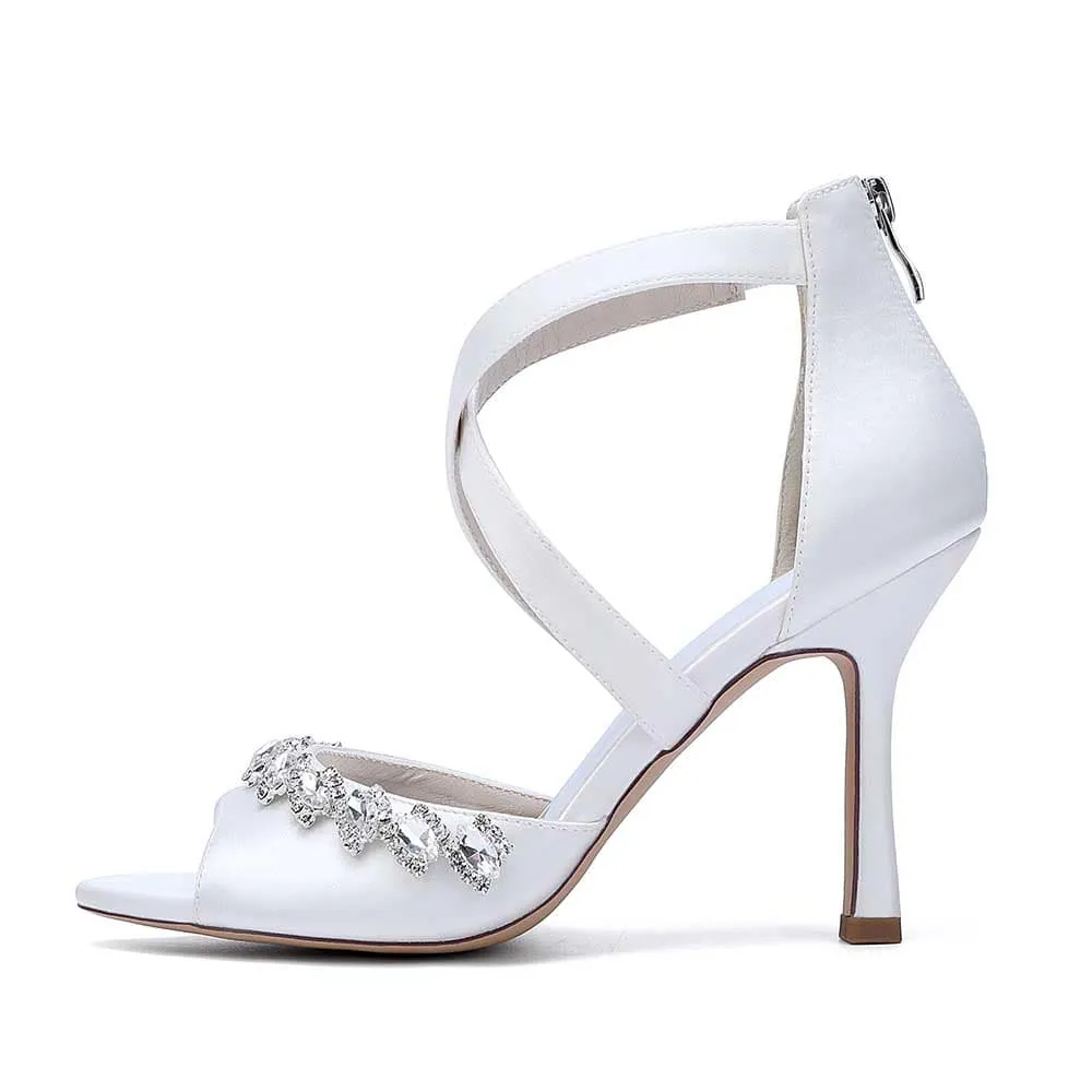 Crystal Detail Cross Strap Sandals Hand-Made Wedding Shoes Zipper Back Dress Heels