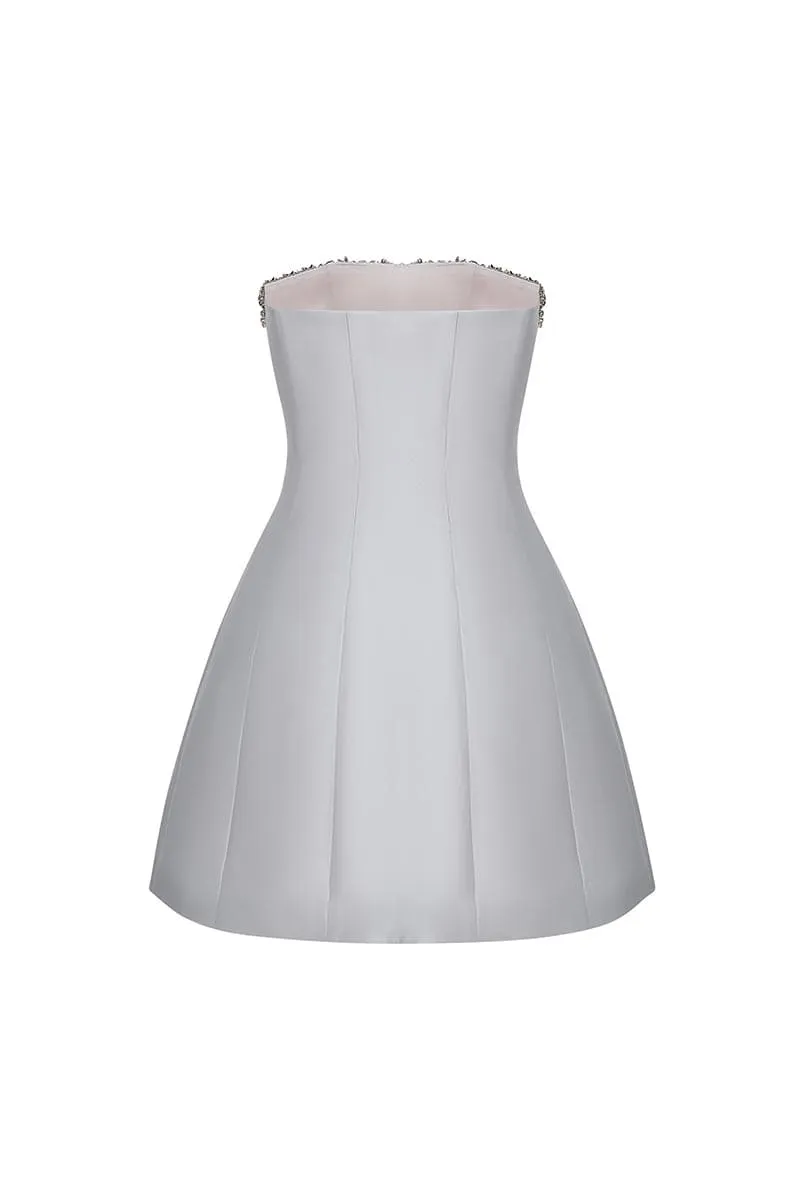 CRYSTAL-EMBELLISHED STRAPLESS SILK AND WOOL-BLEND MINI DRESS