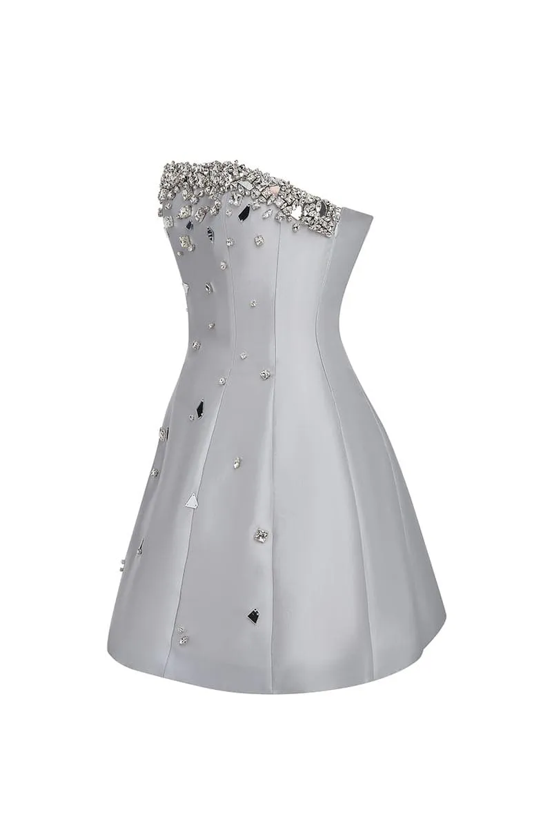 CRYSTAL-EMBELLISHED STRAPLESS SILK AND WOOL-BLEND MINI DRESS