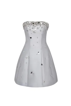 CRYSTAL-EMBELLISHED STRAPLESS SILK AND WOOL-BLEND MINI DRESS