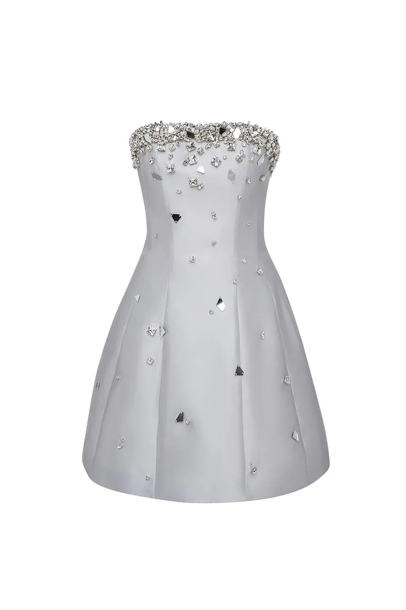 CRYSTAL-EMBELLISHED STRAPLESS SILK AND WOOL-BLEND MINI DRESS