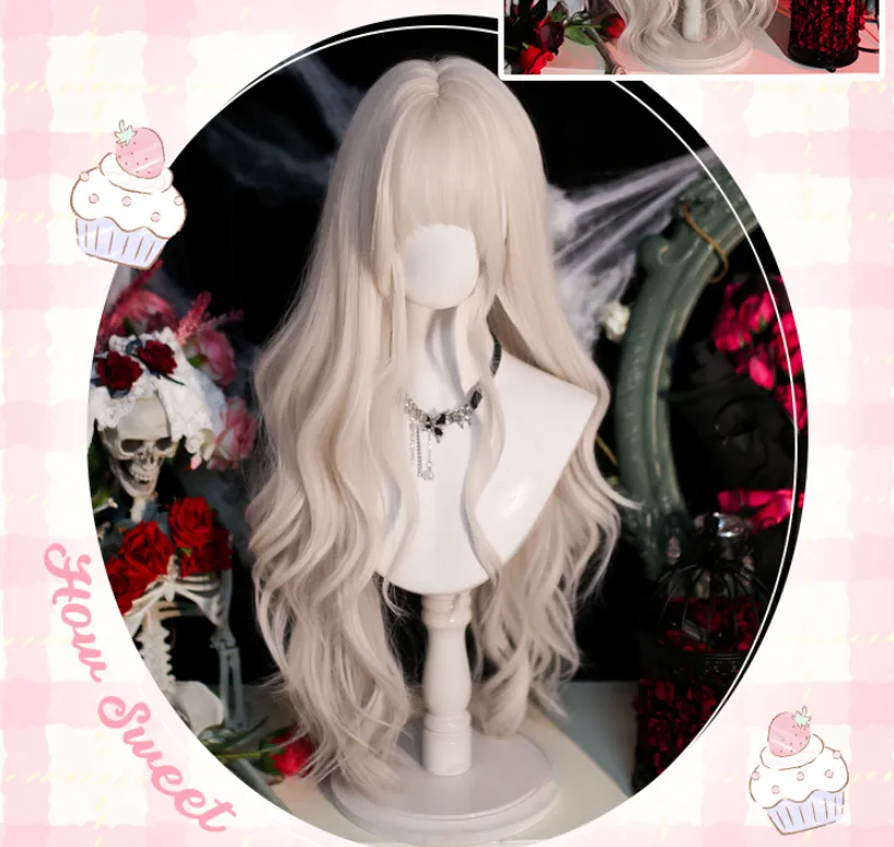 Dalao Home~Moko~Gothic Lolita Wig Pearl Milk Grey Long Curly Hair