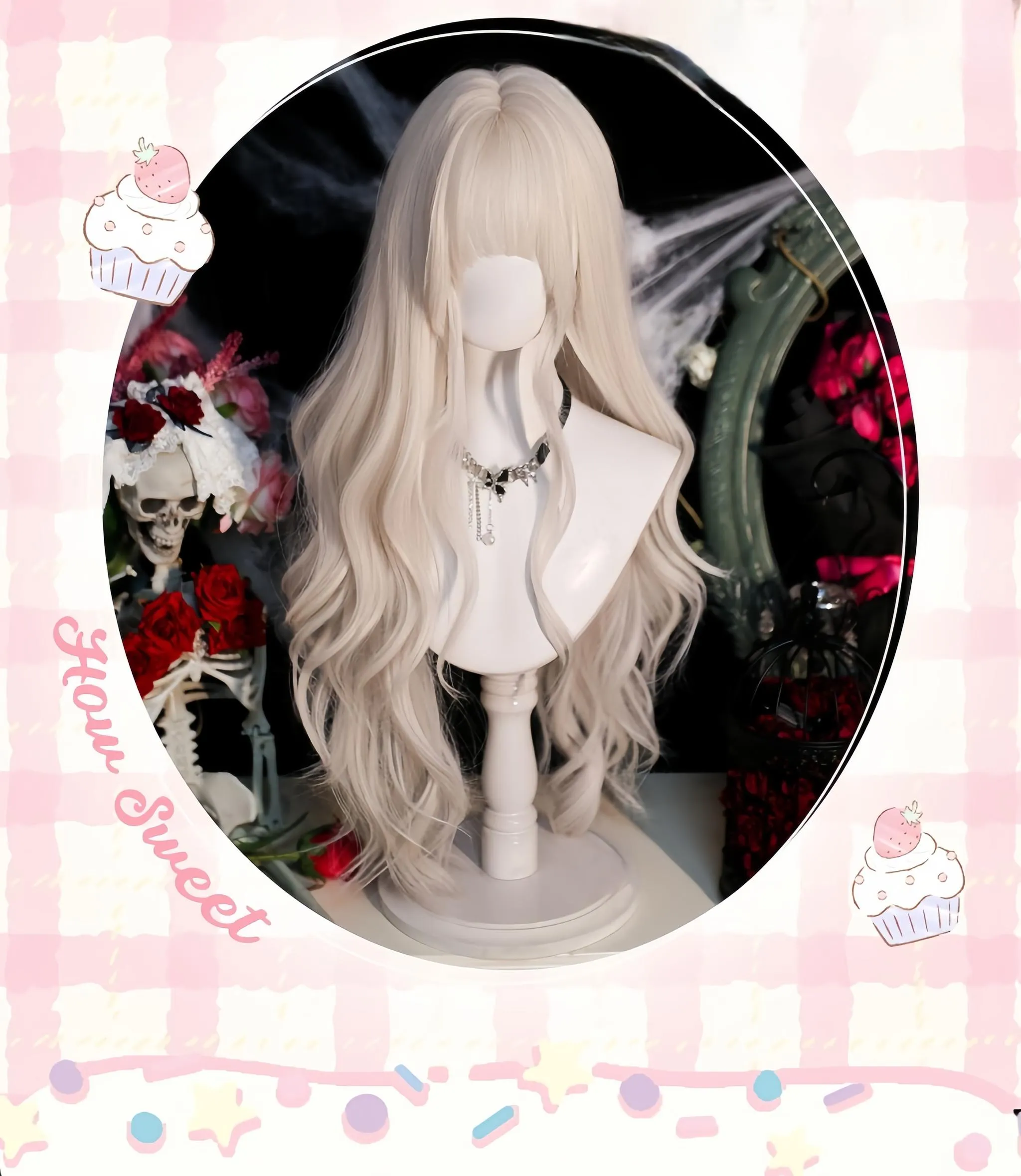 Dalao Home~Moko~Gothic Lolita Wig Pearl Milk Grey Long Curly Hair