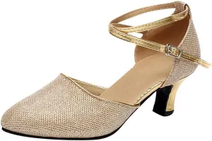 Dancing Dance Social Latin Shoes Ballroom Shoes Sequins Women's Tango Shoe Women's Middle Heels Strap Sandal Heel (Gold, 5)