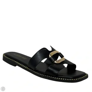 Wide toe box Strong Grip Dani??s Gold Buckle Flat Slide Sandals Designer By Jason Wu In Black & Gold, Size: 9