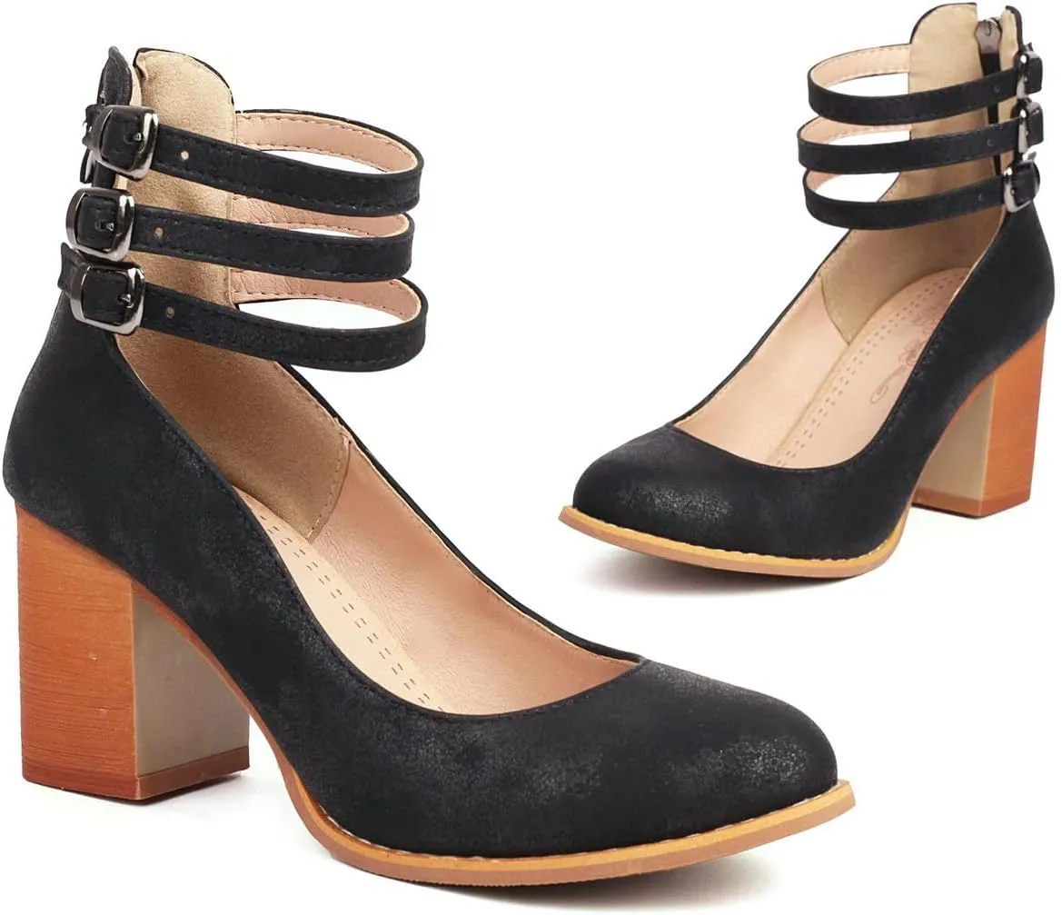 DINTAHA Vintage Shoes for Women,1950s Shoes Mary Jane Heels,Chunky Heel Strappy Pumps