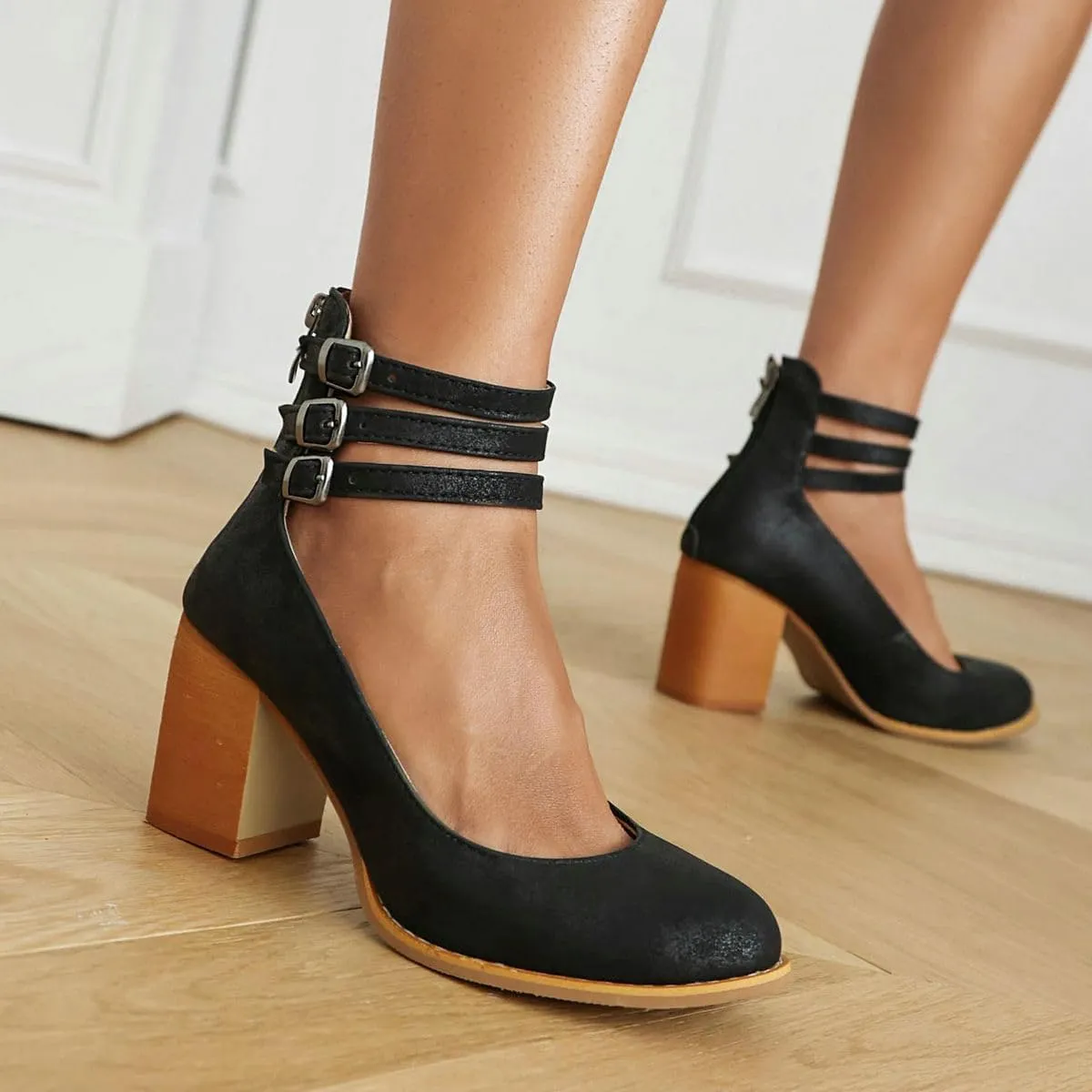 DINTAHA Vintage Shoes for Women,1950s Shoes Mary Jane Heels,Chunky Heel Strappy Pumps