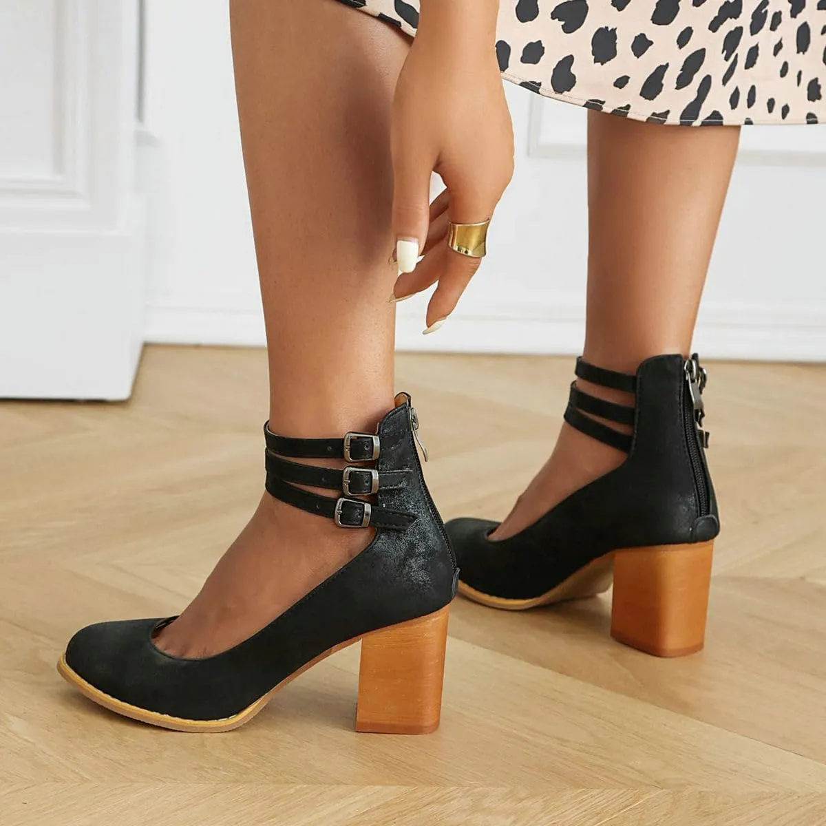 DINTAHA Vintage Shoes for Women,1950s Shoes Mary Jane Heels,Chunky Heel Strappy Pumps