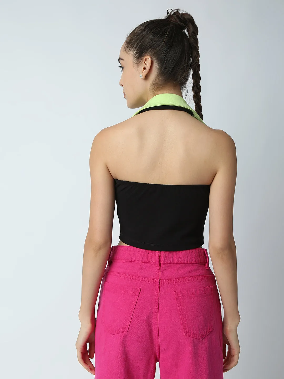 Disrupt Women Black Collared Halter V Neck Black Slim Fit Crop Top