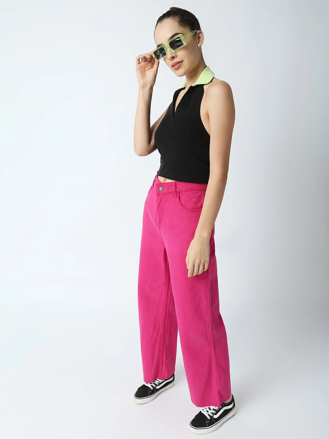 Disrupt Women Black Collared Halter V Neck Black Slim Fit Crop Top
