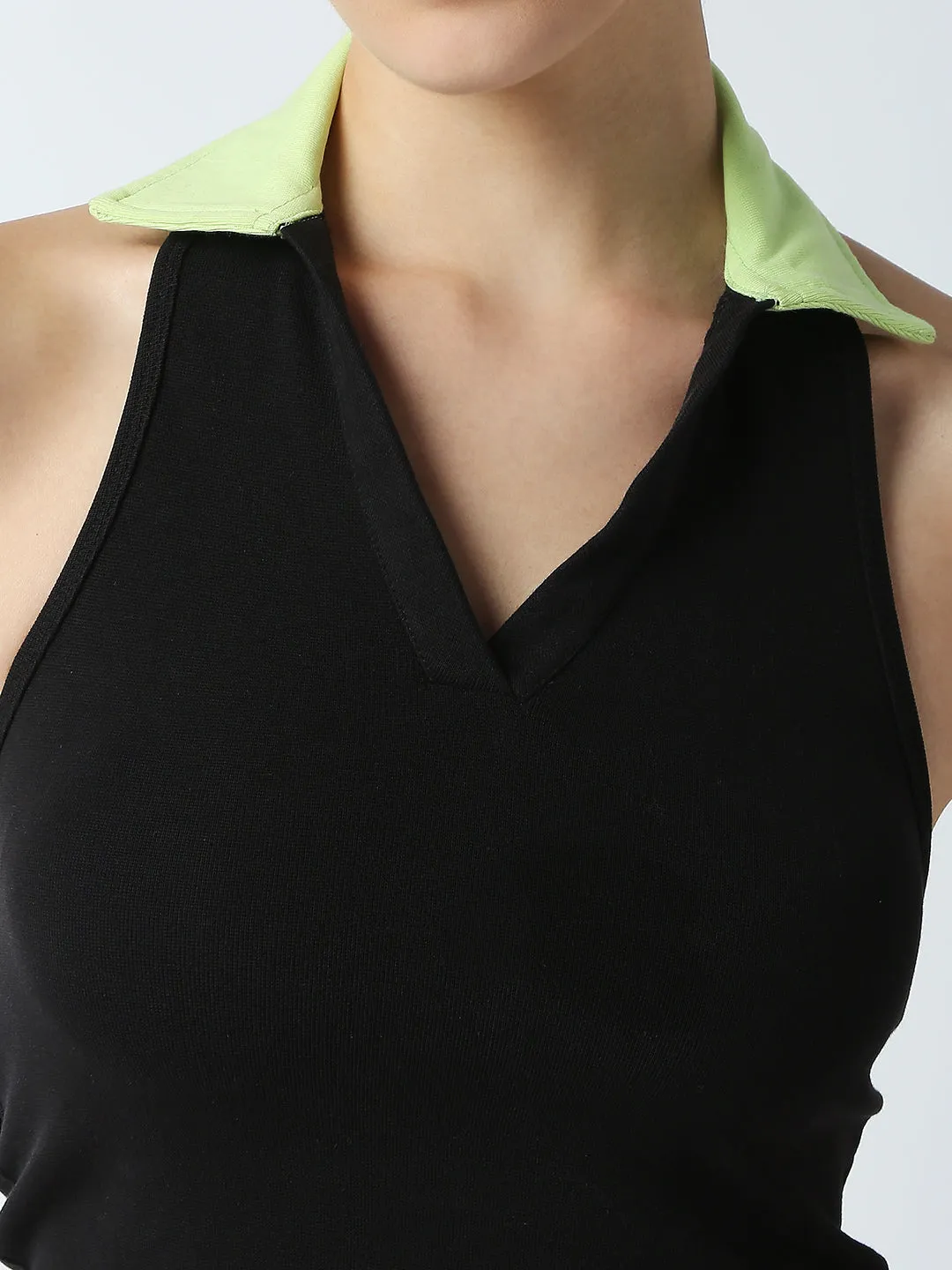 Disrupt Women Black Collared Halter V Neck Black Slim Fit Crop Top