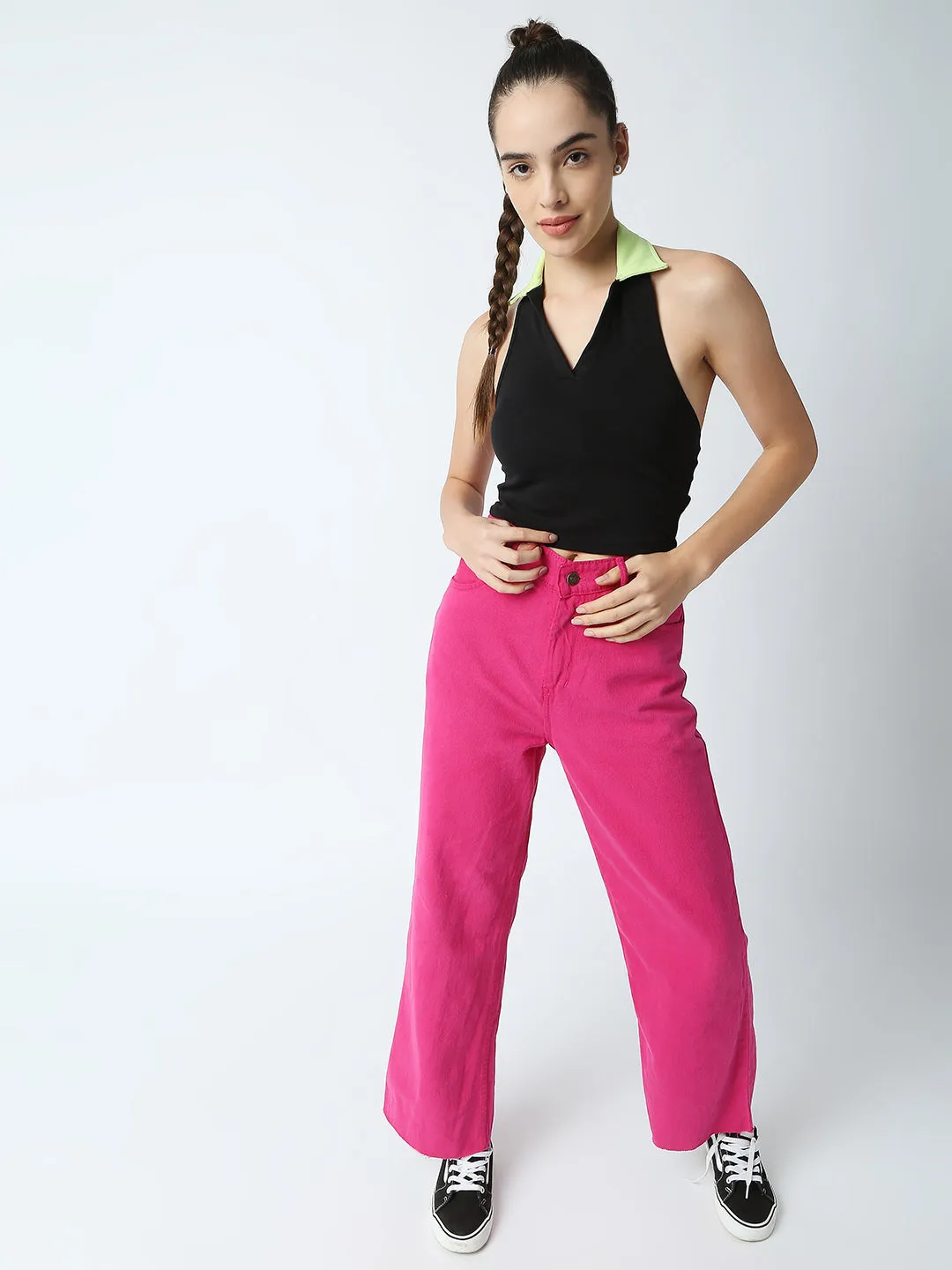 Disrupt Women Black Collared Halter V Neck Black Slim Fit Crop Top