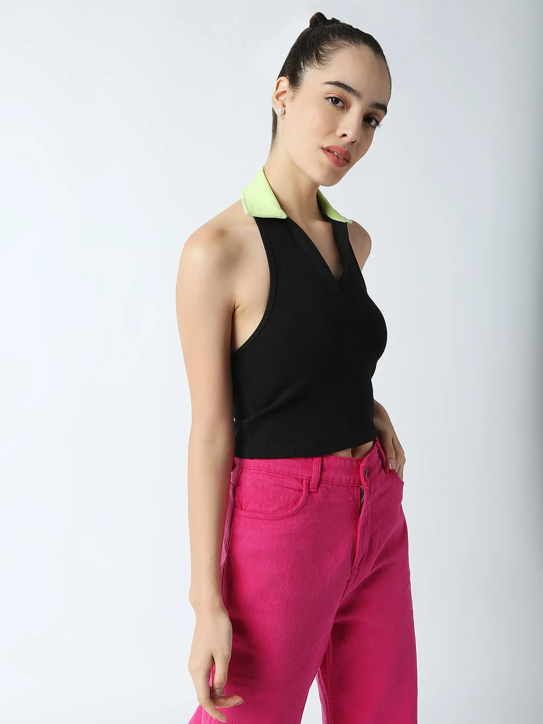 Disrupt Women Black Collared Halter V Neck Black Slim Fit Crop Top