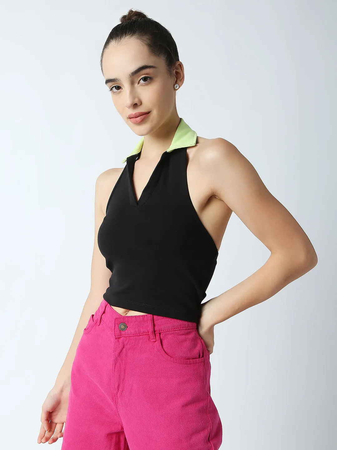 Disrupt Women Black Collared Halter V Neck Black Slim Fit Crop Top