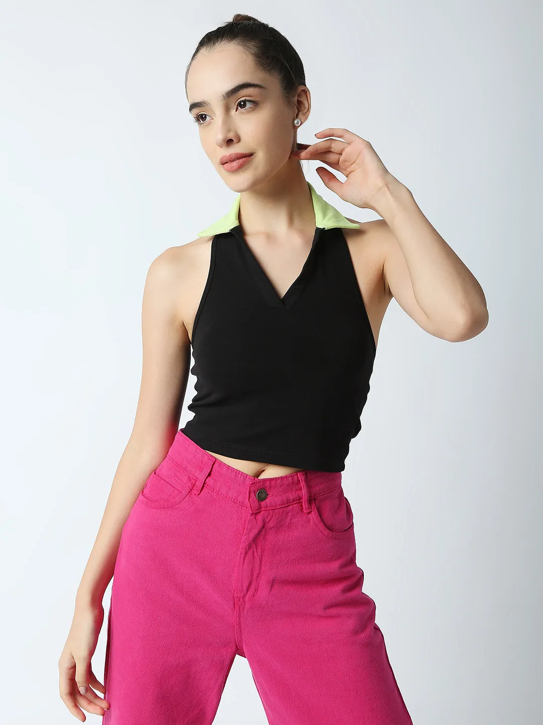 Disrupt Women Black Collared Halter V Neck Black Slim Fit Crop Top