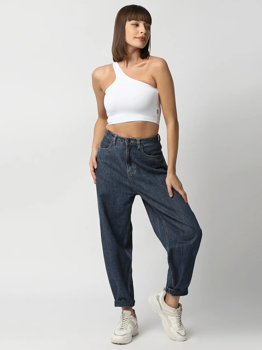 Disrupt Women White One Shoulder Slim Fit Crop Top