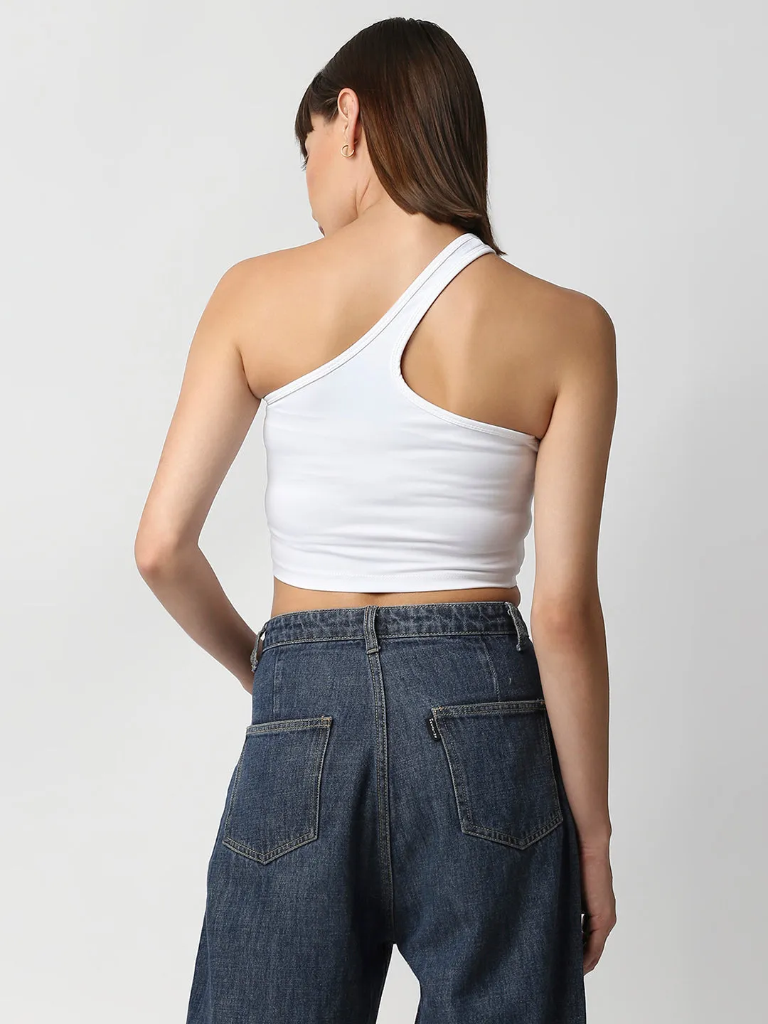 Disrupt Women White One Shoulder Slim Fit Crop Top
