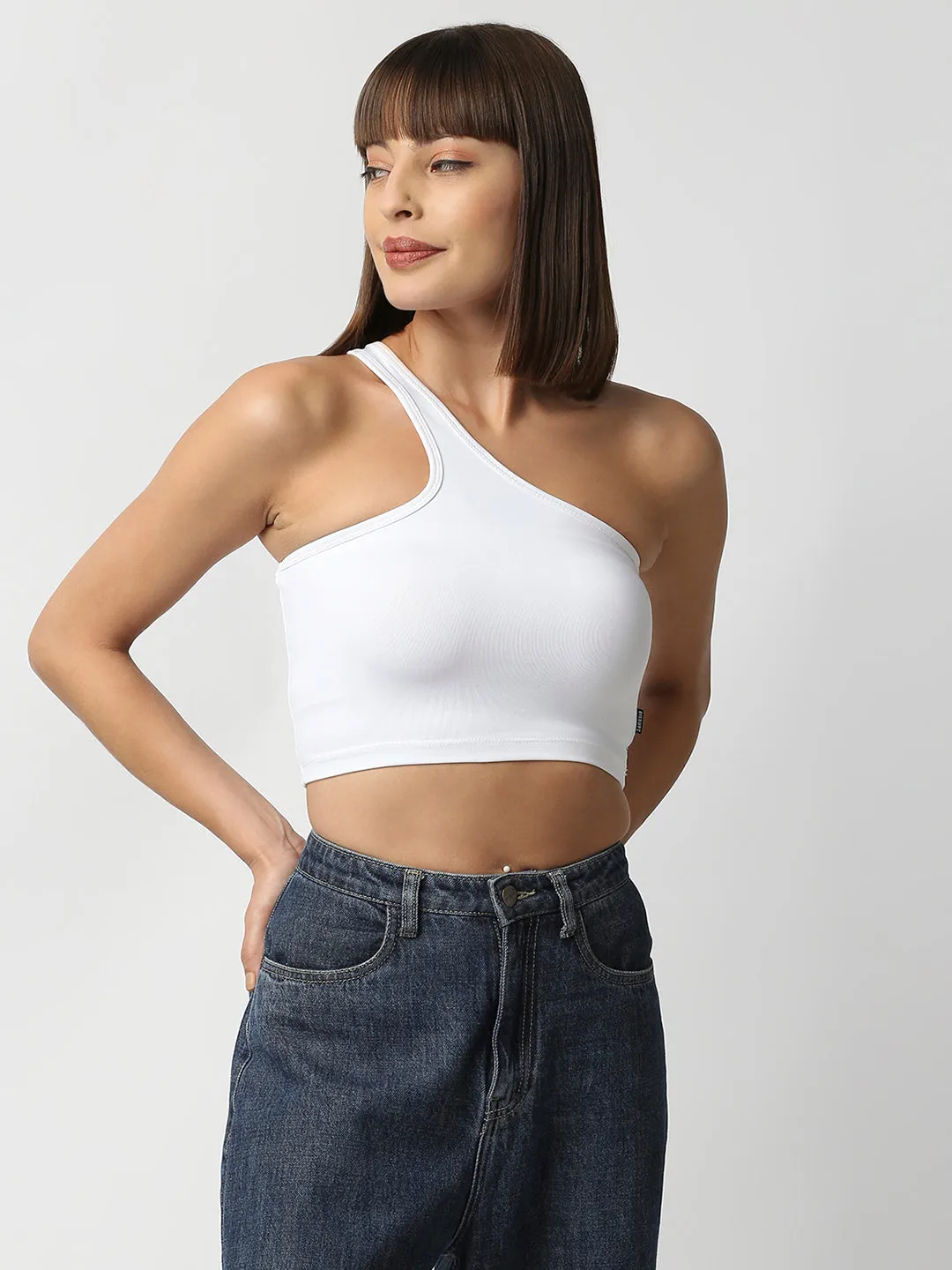 Disrupt Women White One Shoulder Slim Fit Crop Top