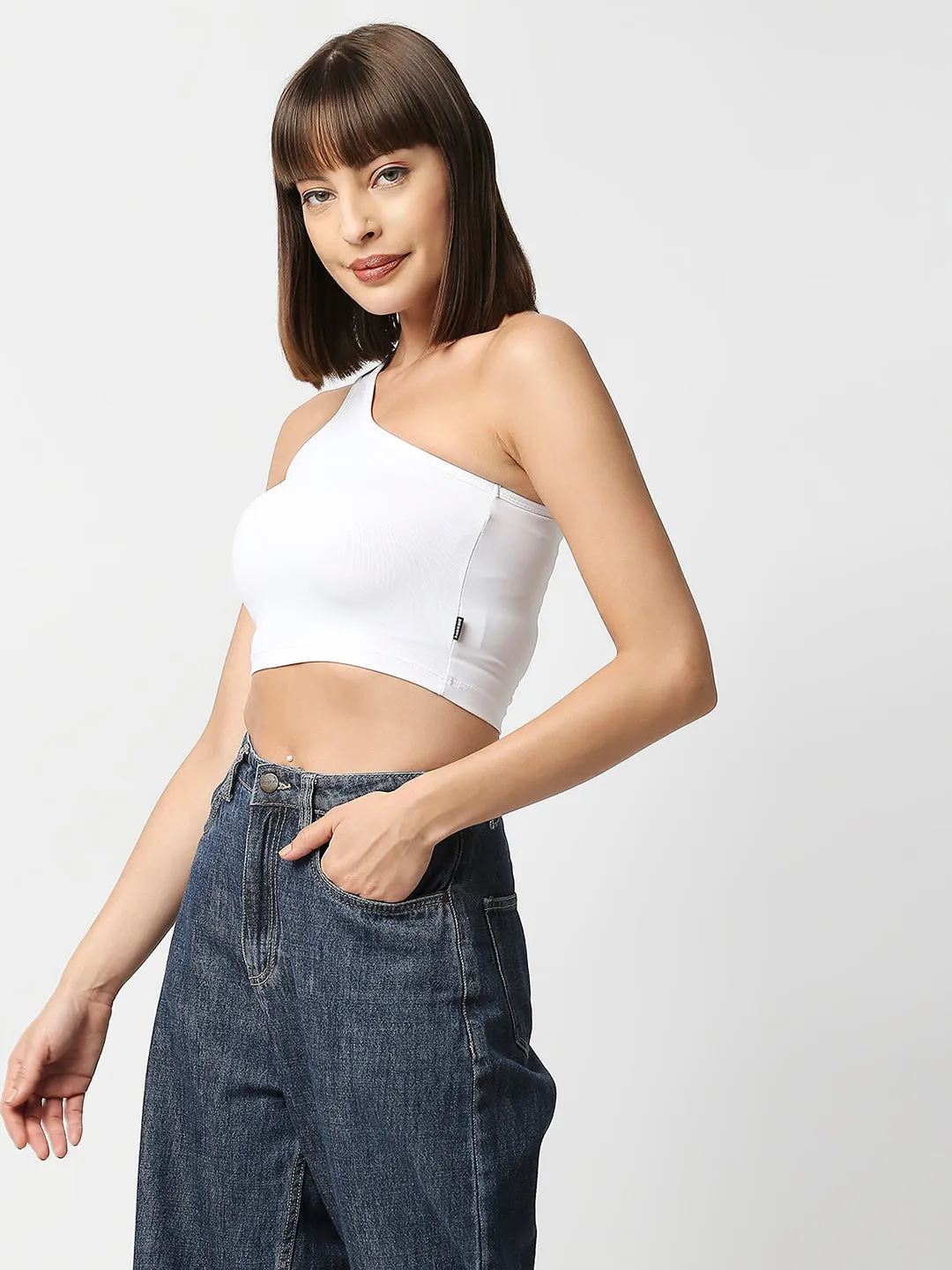 Disrupt Women White One Shoulder Slim Fit Crop Top