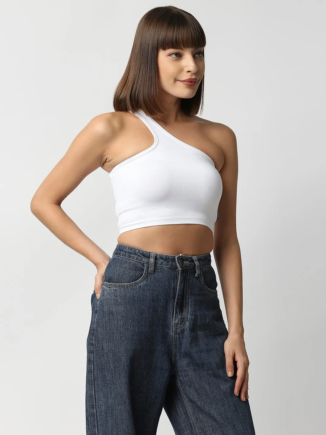 Disrupt Women White One Shoulder Slim Fit Crop Top