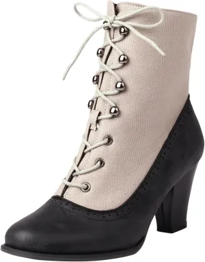 DIYCAM Women's Vintage Lace Up Chunky Ankle Booties Stitching Patchwork Combat Boots Leather Goth Anti Slip High Heels Riding Short Boots For Women Bride Wedding Streetwear Shoes