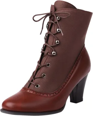 DIYCAM Women's Vintage Lace Up Chunky Ankle Booties Stitching Patchwork Combat Boots Leather Goth Anti Slip High Heels Riding Short Boots For Women Bride Wedding Streetwear Shoes