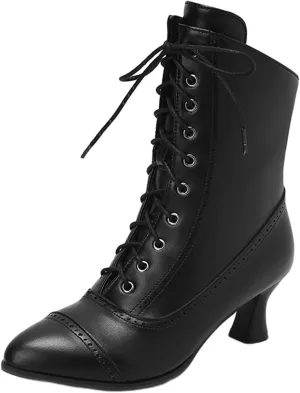 DIYCAM Women's Vintage Lace Up Chunky Ankle Booties Stitching Patchwork Combat Boots Leather Goth Anti Slip High Heels Riding Short Boots For Women Bride Wedding Streetwear Shoes