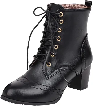 DIYCAM Women's Vintage Lace Up Chunky Ankle Booties Stitching Patchwork Combat Boots Leather Goth Anti Slip High Heels Riding Short Boots For Women Bride Wedding Streetwear Shoes