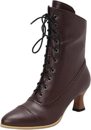 DIYCAM Women's Vintage Lace Up Chunky Ankle Booties Stitching Patchwork Combat Boots Leather Goth Anti Slip High Heels Riding Short Boots For Women Bride Wedding Streetwear Shoes