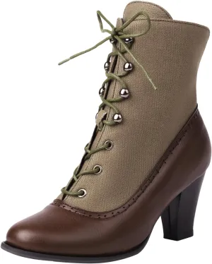 DIYCAM Women's Vintage Lace Up Chunky Ankle Booties Stitching Patchwork Combat Boots Leather Goth Anti Slip High Heels Riding Short Boots For Women Bride Wedding Streetwear Shoes