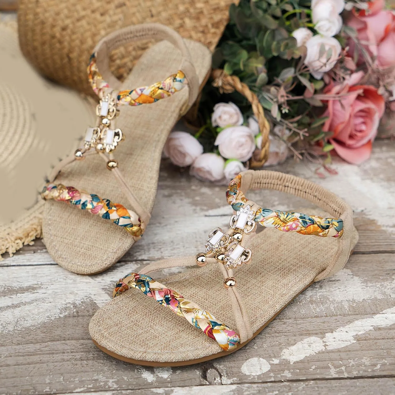 Dressy Platform Sandals Slip on Thin Soled Bohemian Women's Shoes Fashionable Casual Braided Strap Hollow Rhinestone