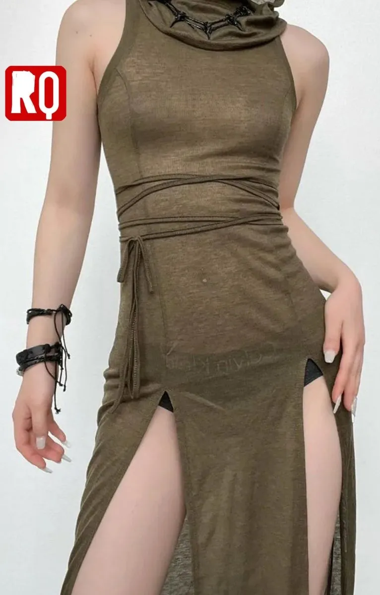 Dune desert dress, Sheer, hooded, hollow back, cyber punk style