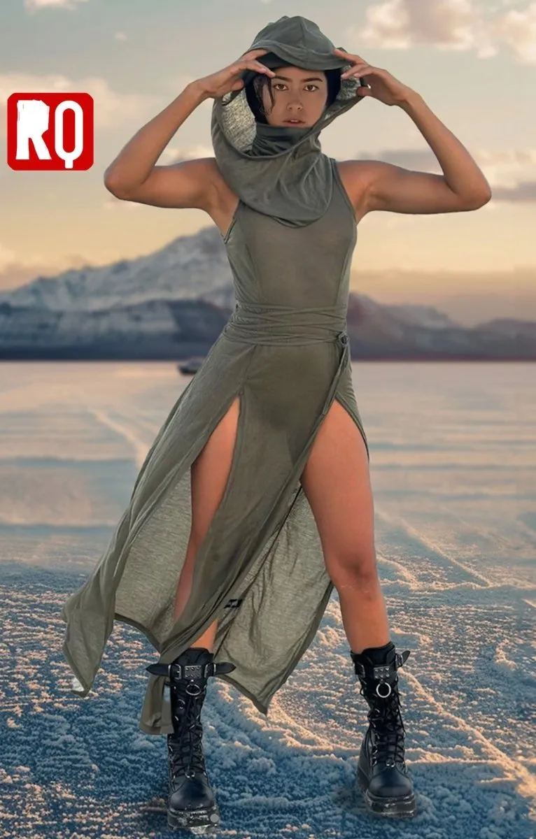 Dune desert dress, Sheer, hooded, hollow back, cyber punk style