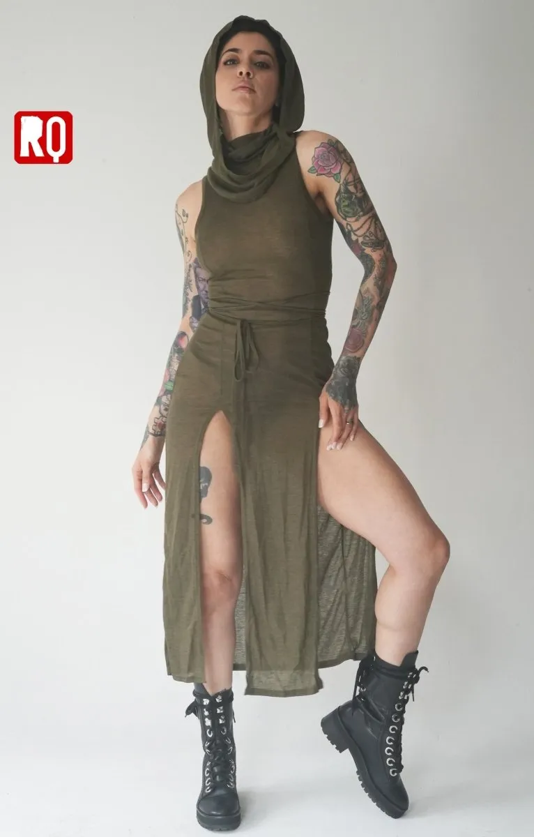 Dune desert dress, Sheer, hooded, hollow back, cyber punk style